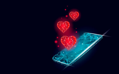 Internet dating app concept. 3D low poly smartphone romantic relationship symbol heart. Social media love date find couple service. Website romantic message vector illustration