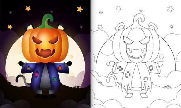 coloring book with a cute black cat using costume scarecrow and pumpkin halloween