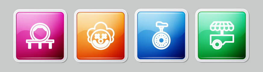 Set line Roller coaster, Clown head, Unicycle or one wheel bicycle and Fast street food cart. Colorful square button. Vector © Kostiantyn