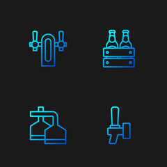 Set line Beer tap, brewing process, and Pack of beer bottles. Gradient color icons. Vector