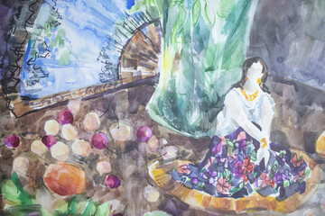 Fototapeta premium Fine art illustration. Dolce vita concept. Pretty colorful artwork. Watercolor painting still-life with statuette, berries and vintage lace fan. Gypsy woman with long hair in gold jewelry.