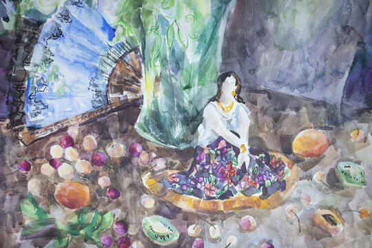 Beautiful still-life with fan, statuette, cherry, berries, apricot and kiwifruit. Abundance concept. Fine art illustration. Delightful colorful summertime artwork. Gypsy woman in gold jewelry.