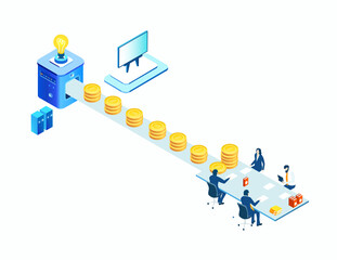 Isometric 3D business environment with business people are working around golden coins. Banking, investment strategy. New start up business, management, support infographic. Isometric working space