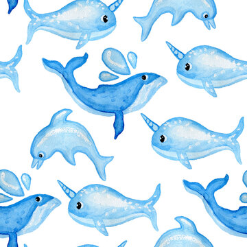 Marine mammals ocean watercolor seamless pattern wrapping paper wallpaper fabric