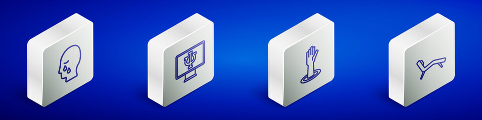 Set Isometric line Man graves funeral sorrow, Psychologist online, Helping hand and Armchair icon. Vector