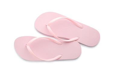 Stylish pink flip flops on white background, top view. Beach object