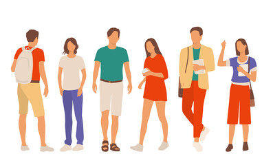  Set of young men and women, different colors, cartoon character, group of silhouettes of standing business people, students, the design concept of flat icon, isolated on white background