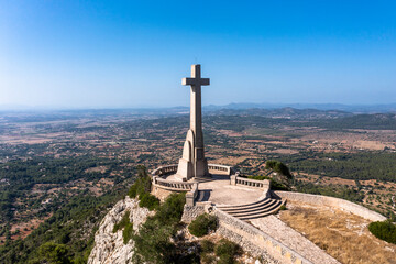 Aerial view of Santuari de Sant Salvador monastery, Puig de Sant Salvador, near Felanitx, Migjorn...