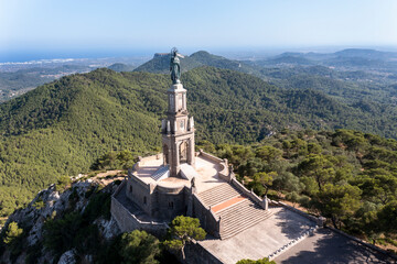Aerial view of Santuari de Sant Salvador monastery, Puig de Sant Salvador, near Felanitx, Migjorn...