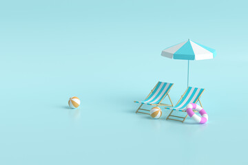 3d rendering beach chair and umbrella - obrazy, fototapety, plakaty