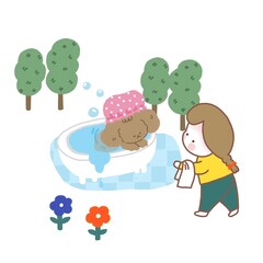 Obraz na płótnie Canvas A brown haired girl makes her brown dog take a shower in a bathtub with some trees behind and on the white background