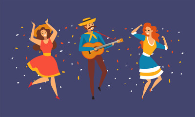 People Character Playing Musical Instrument and Dancing Enjoying Party and Festival Vector Set