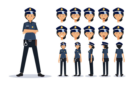 Policewoman in various views, Cartoon style.Flat Vector Character illustration