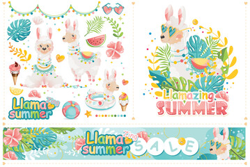 Summer sun vacation summer party vacation icons set. Wector illustration, drawing internet banners.  Cute llama on Summer sale. © Loony Rabbit