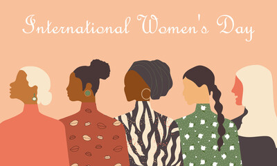 Postcard with International Women's Day. Poster template with women of different nationalities and religions. Pink pastel background. 
