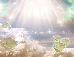 mystical sky with angelic divine rays of Light with white roses like spiritual, magic, mystic and...