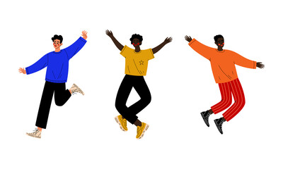 Fototapeta na wymiar Happy Young Man Jumping with Raised Hands Vector Set