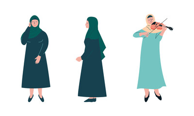 Muslim Woman in Hijab Playing Violin and Speaking by Phone Vector Set