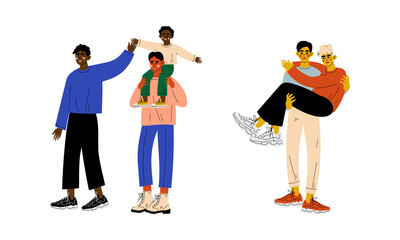 Homosexual Couple with Children Spending Time Together Vector Set