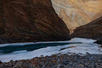 Rocky mountains and frozen river of Zanskar