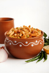 Indian Snacks, Bombay mix or namkeen, Chiwda or farsan is an Indian snack mix, popular tea-time food from India, delicious blend of sev, peanuts, peas and fried lentil.