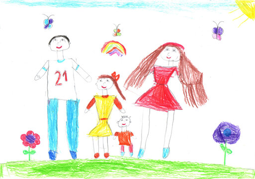 Drawing of a happy family on a walk outdoors. Pencil art in childish style