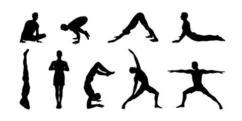 Yoga asana set. Set of men black silhouettes exercising yoga illustrations. Hand drawn sketch vector illustration isolated on white background