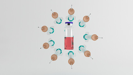 Syringe and container with medicine on a gray background. Vaccination.