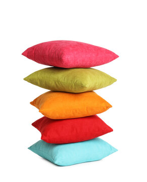 Stack Of Colorful Decorative Pillows On White Background