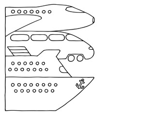 Plane, train, ship in doodle style. Right copy space. Hand Drawn. Coloring page.