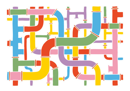 Many colorful pipes of different sizes, colors and diameters are intertwined to form a background, texture, pattern. Hand Drawn. Doodle.