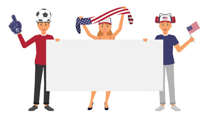 American sportive fans with accessories and equipment to support their country's team. 4th July - Independence day