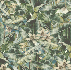 Tropical seamless print with exotic leaves. Painted botanical watercolor background