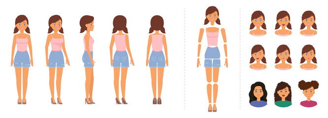 Woman character creation set. Girl wearing top anch shorts for animation with emotions template