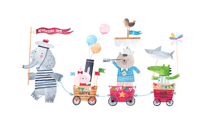 Süße Tiere spielen Meeresabenteuer. Kinderfest der Freunde. Nettes Plakat. Malerei für das Kinderzimmer. Isoliert auf weißem Hintergrund. © bukhavets