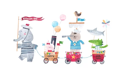 Süße Tiere spielen Meeresabenteuer. Kinderfest der Freunde. Nettes Plakat. Malerei für das Kinderzimmer. Isoliert auf weißem Hintergrund. © bukhavets
