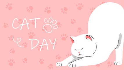 Cute kawaii white cat stretching. Cat day. Vector illustration of cute kitten on pink background with cat paws.
