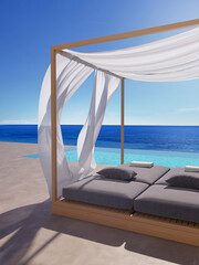 Fototapeta na wymiar 3d render of a canopy Curtain wind blow, lounge sun bed with a pool in summer holidays