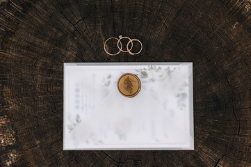 Paper, cardboard envelope, invitation with a wax seal, gold rings lie on a wooden brown stump with cracks. Wedding details, accessories. Photography, concept.