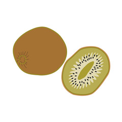 Kiwi whole and cut, fresh fruit, healthy food. Hand-drawn vector, flat. New Zealand symbol. Natural product, proper nutrition, source vitamin C. For juice packaging, menus, restaurants, illustrations