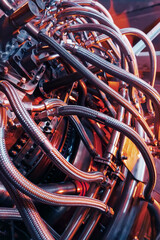 Fototapeta na wymiar Gas turbine engine, located with internal structural elements, hoses, cylinders and housings