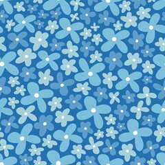 Seamless vector pattern with light blue summer flowers on a deep blue background. For textile, package design, any background.