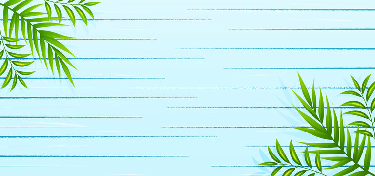 HD Background, Blue Wood Texture With Tropical Green Leaves. Background With Summer Theme