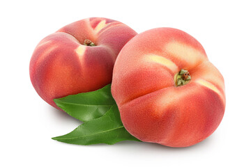 Ripe chinese flat peach fruit with leaf isolated on white background with clipping path and full...