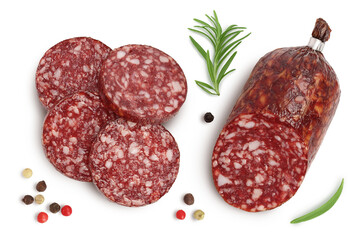 Smoked sausage salami with slices isolated on white background with clipping path and full depth of field. Top view. Flat lay