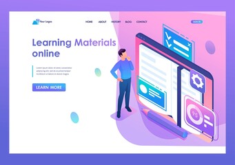 Landing Page Isometry. Man is Studying Educational Material on a Tablet. Online Learning. Vector Illustration