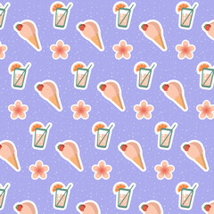 Seamless summer pattern with cocktail, ice cream and flower on purple background vector natural background