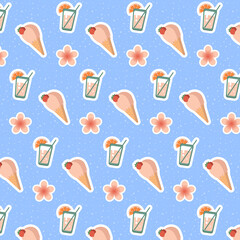 Seamless summer pattern with cocktail, ice cream and flower on blue background vector natural texture