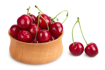 red sweet cherry in wooden bowl isolated on white background with clipping path and full depth of field