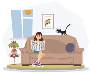Cat is watching girl reading gazette. Illustration for internet and mobile website.